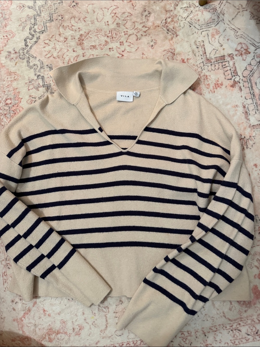 VILA Cream and Navy Striped V-Neck Pullover